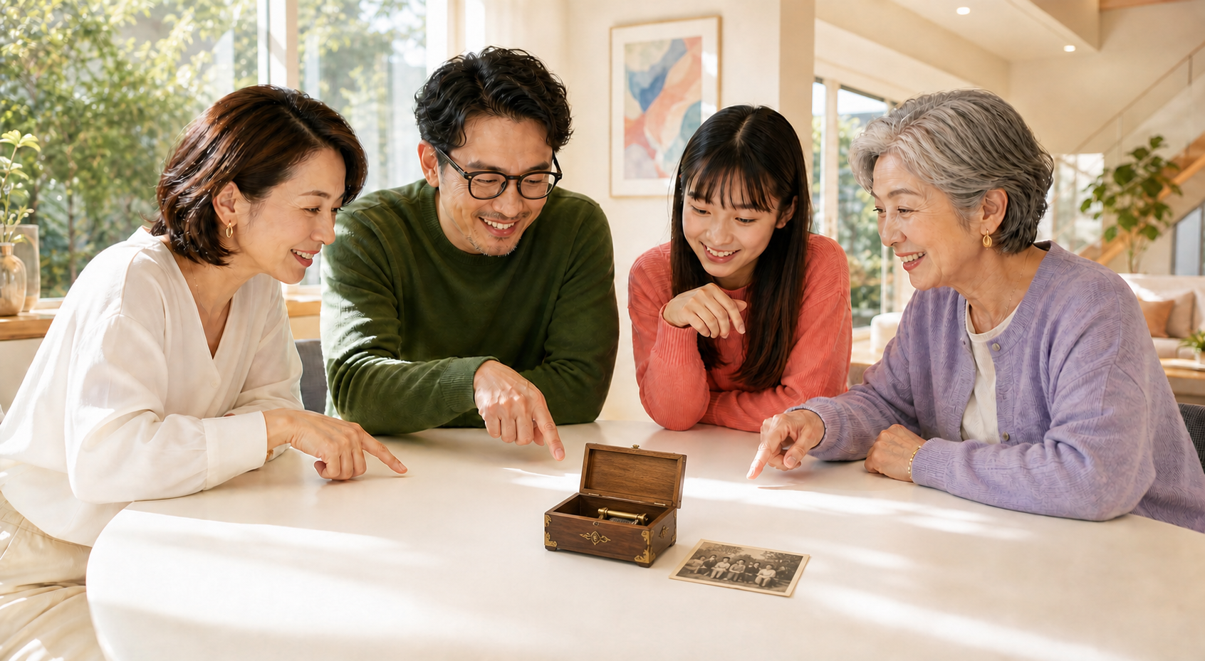 家族が古いオルゴールと一枚の写真を囲み、思い出を語り合う場面