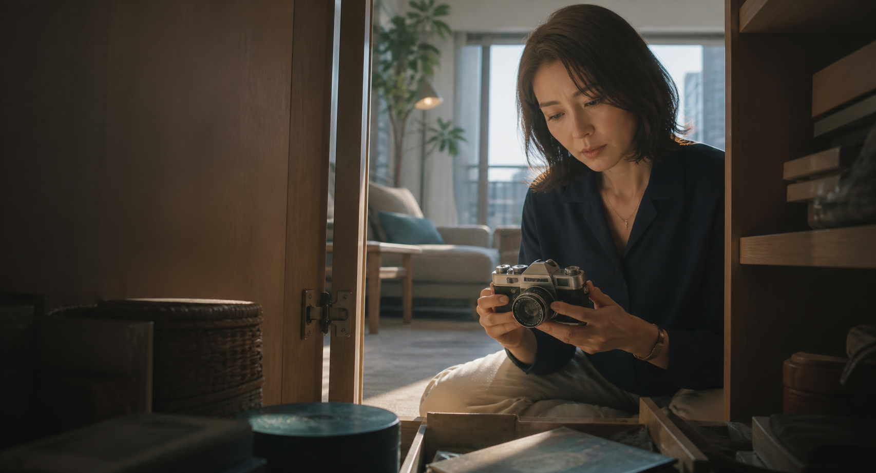 収納棚から古いフィルムカメラを見つけ、手放すか迷う女性
