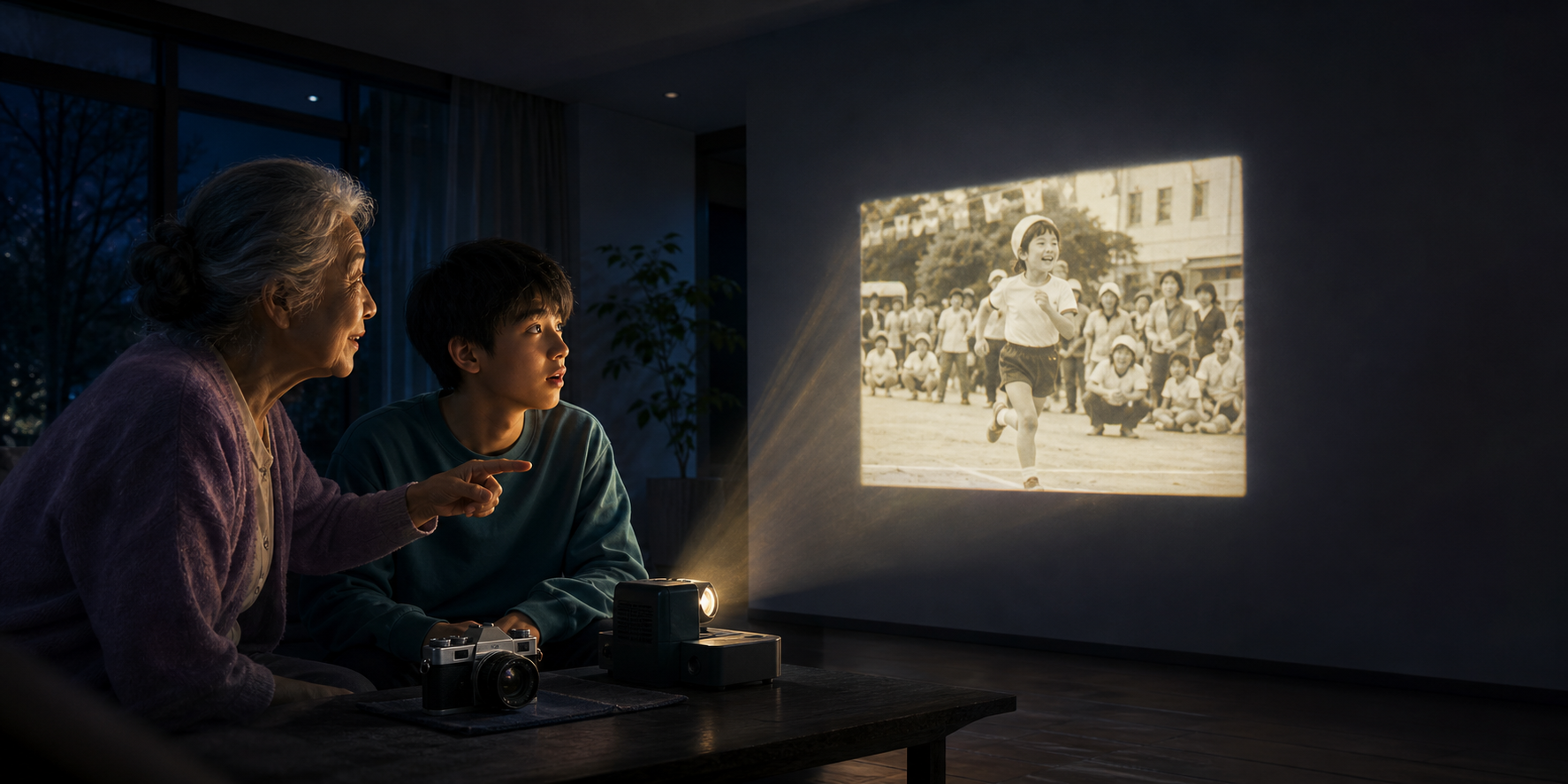 暗い部屋で昔の家族写真を映し、カメラの記憶を語る祖母と孫