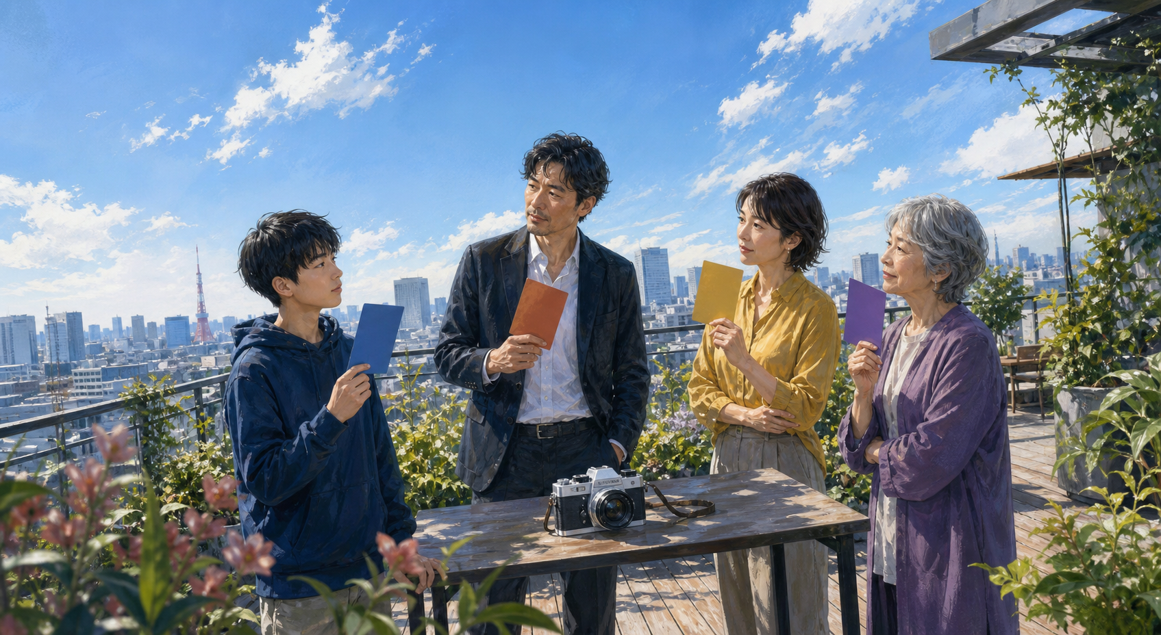 屋上庭園でカメラの行き先について異なる考えを話す家族