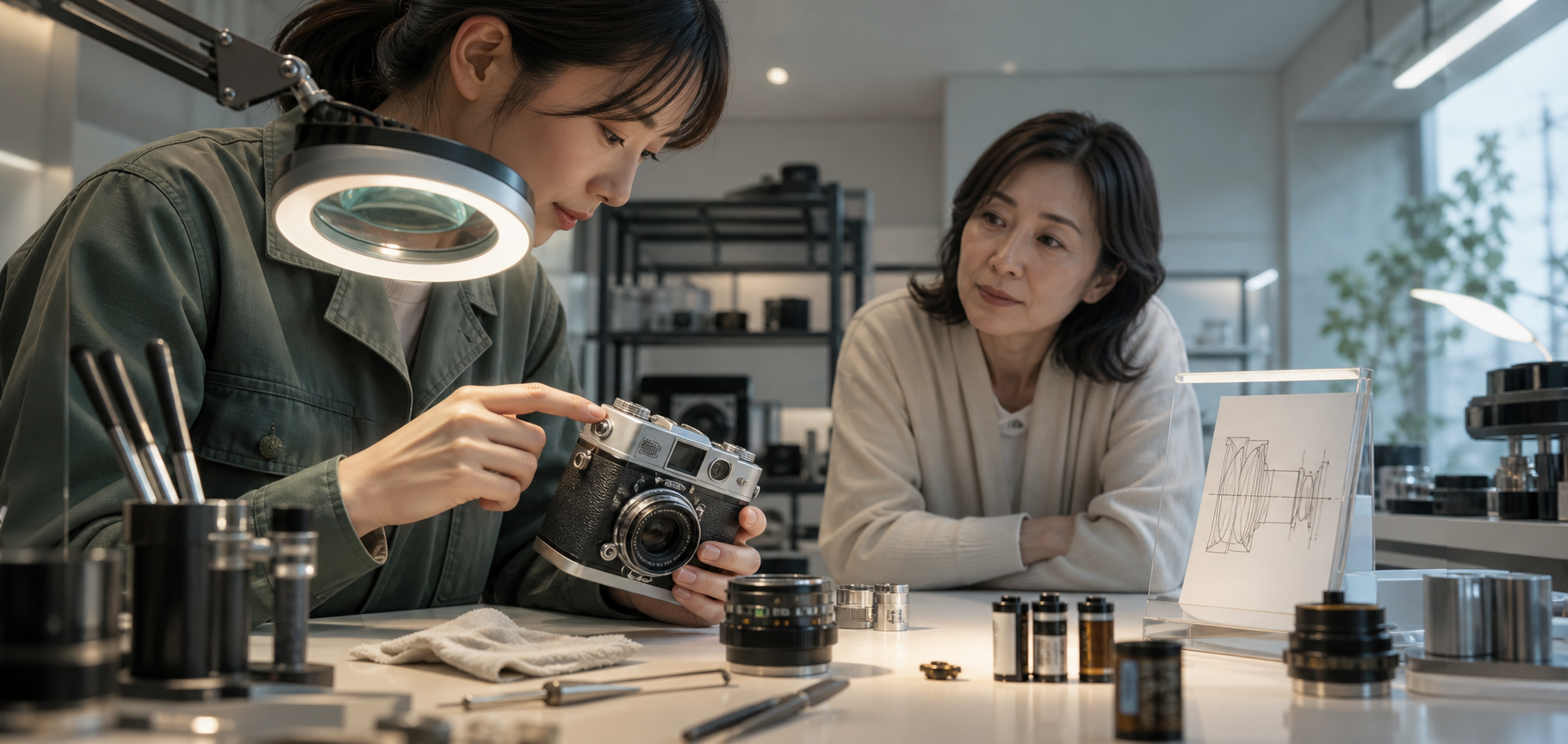 明るい修理工房でフィルムカメラの状態と価値を確認する女性たち