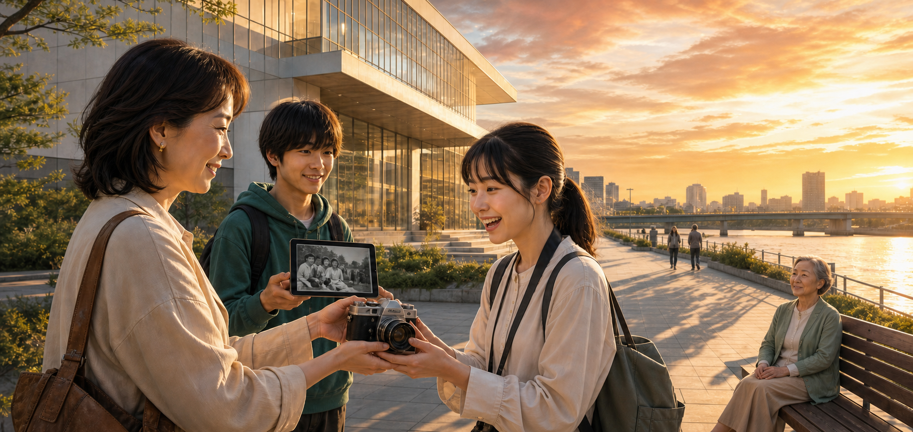 夕暮れの川辺で古いカメラを若い写真学生へ手渡す家族