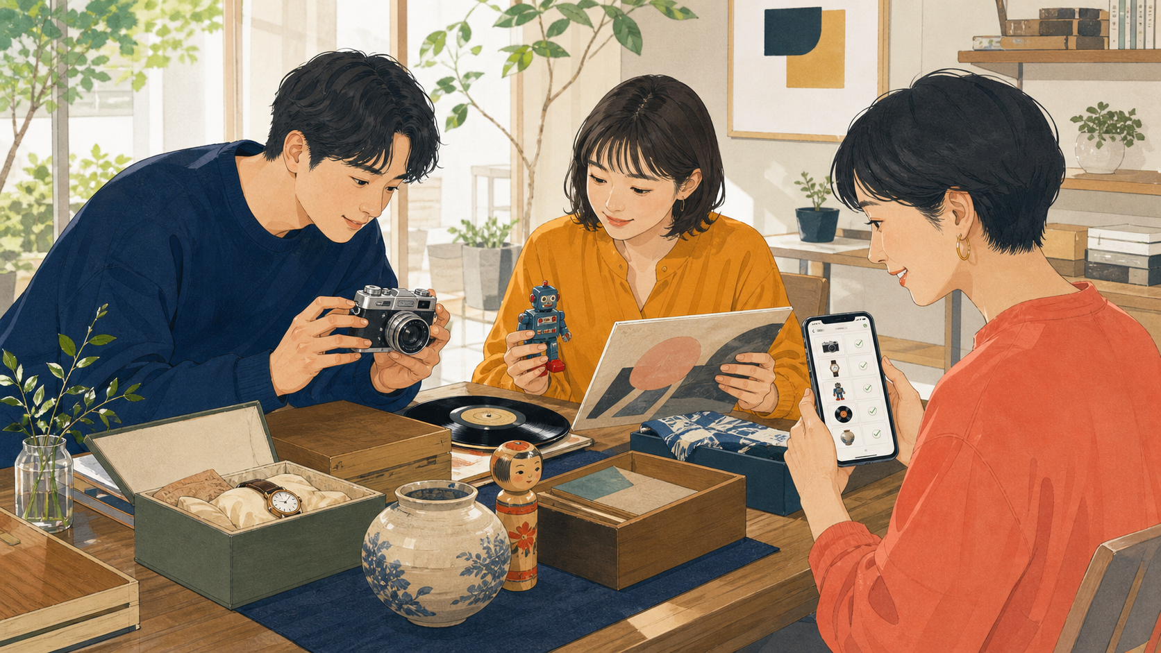 家族で家のお宝を見つけ、記録している様子のイラスト