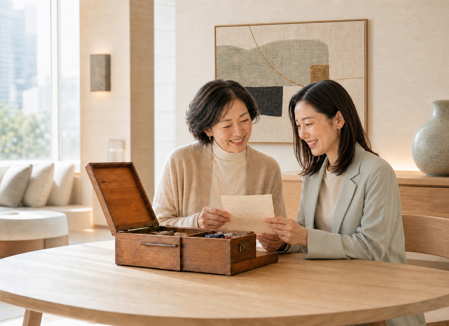 母と娘が古い裁縫箱と手紙を囲み、思い出とこれからの行き先を語り合う様子