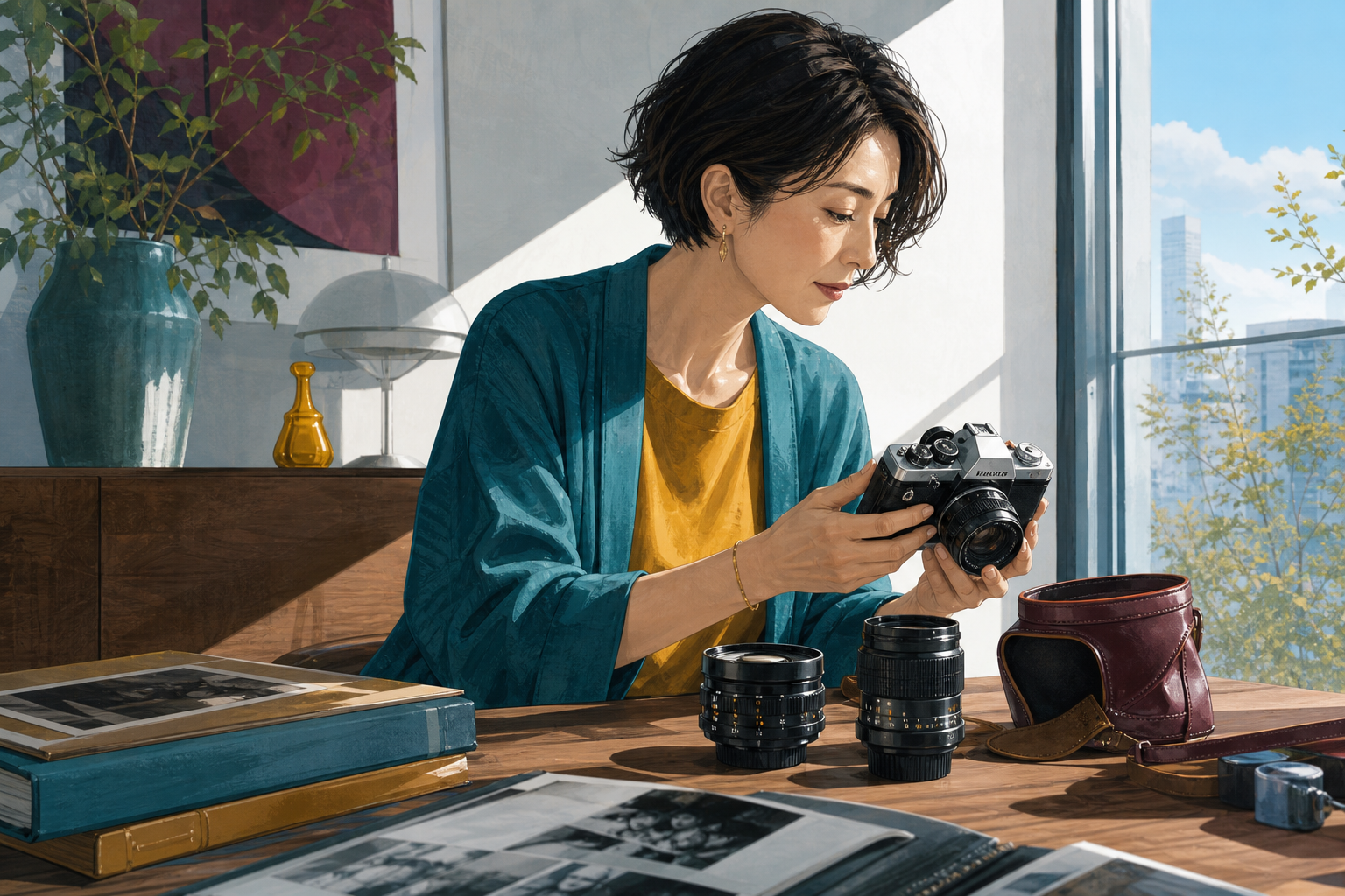 窓辺で古いフィルムカメラを確認する場面のイラスト