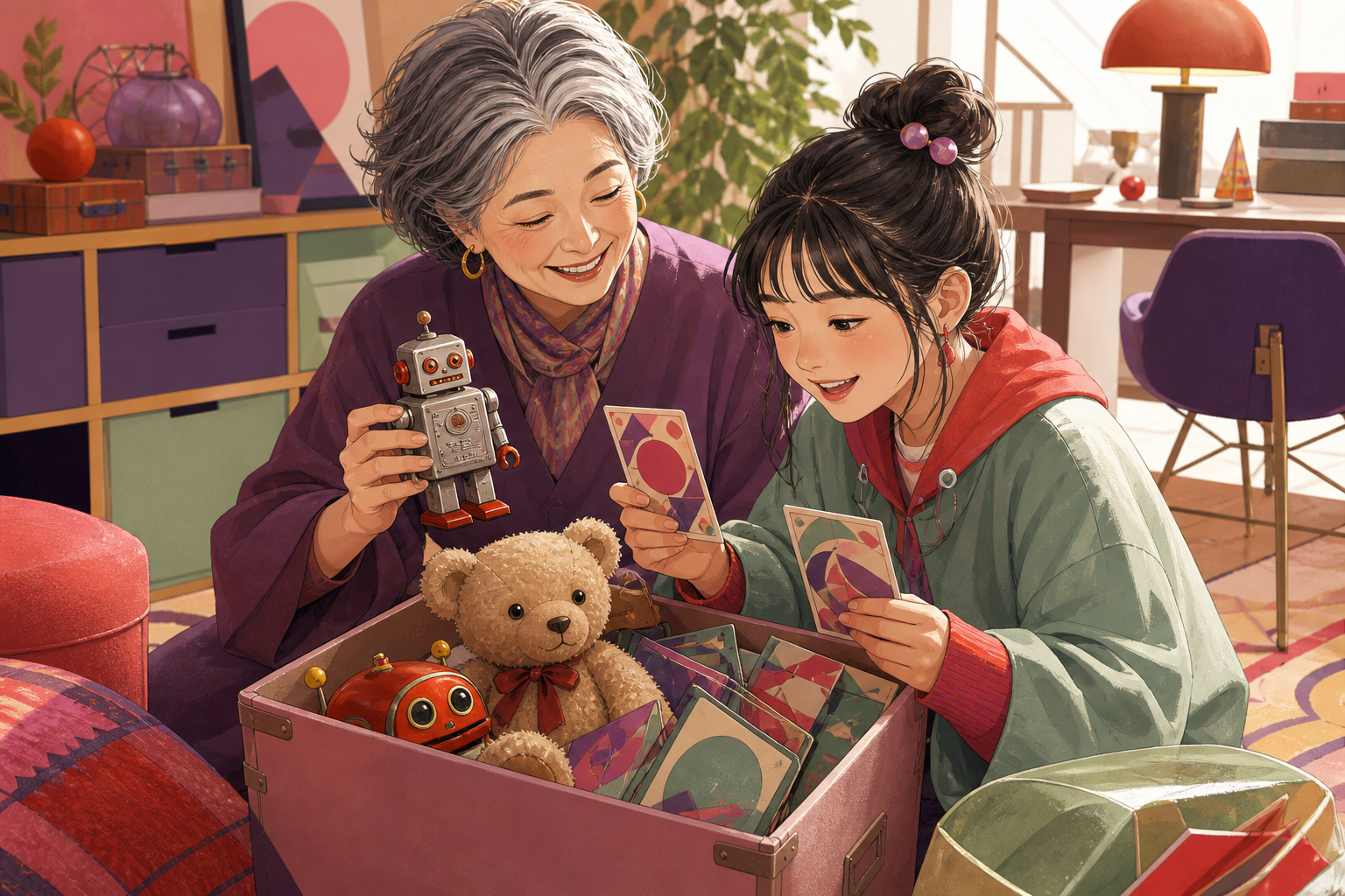 祖母と孫がおもちゃとカードを見つける場面のイラスト